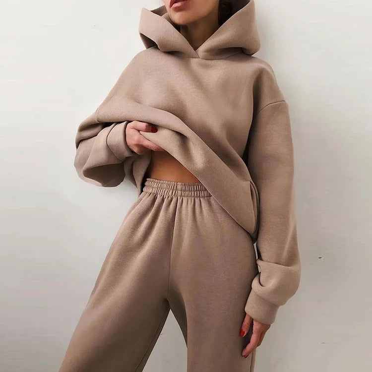 2 Pieces Set Women New Fashion Leisure Autumn Winter Pure Color Fleece Hooded two-piece Sports Suits Dropshipping LKX21660
