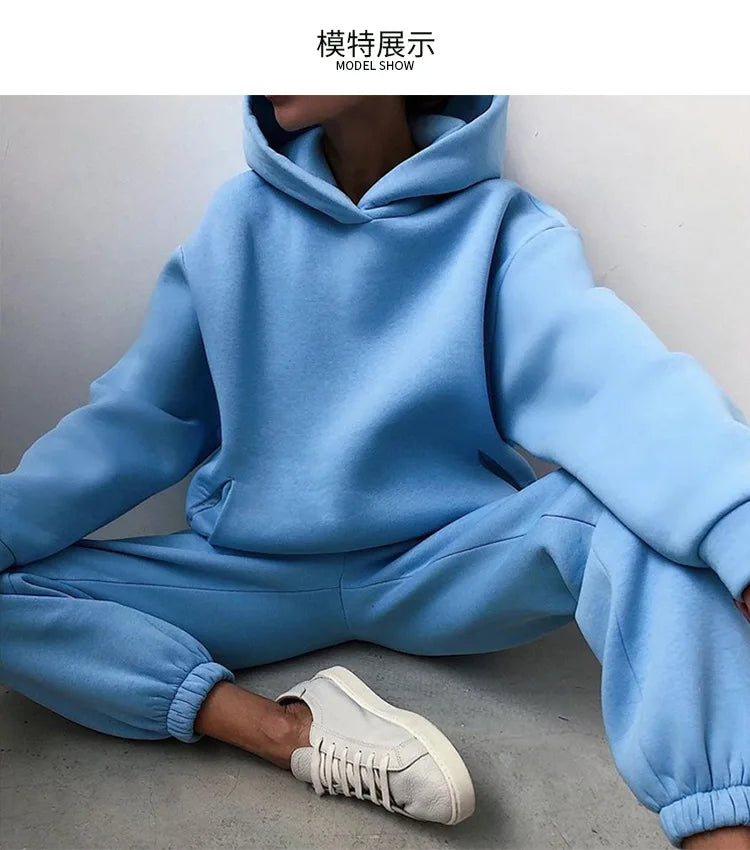 2 Pieces Set Women New Fashion Leisure Autumn Winter Pure Color Fleece Hooded two-piece Sports Suits Dropshipping LKX21660