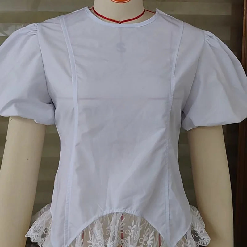 Women Round Neck Puff Sleeve Blouse Solid Lace Trim Asymmetrical Hem Slim Fit Shirt 2026 Spring Summer Chic Elegant Casual Top