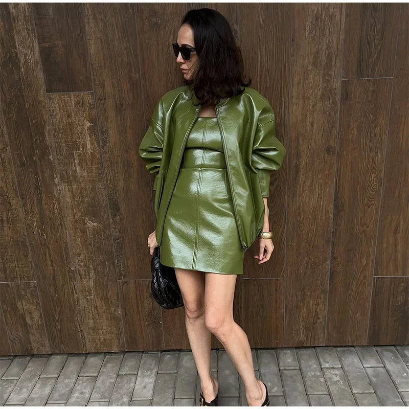 Vintage Green Leather Skirt Sets Women Fashion Solid Strapless Short Skirts Zipper Jacket Outfits Lady Daily Highstreet Outfits