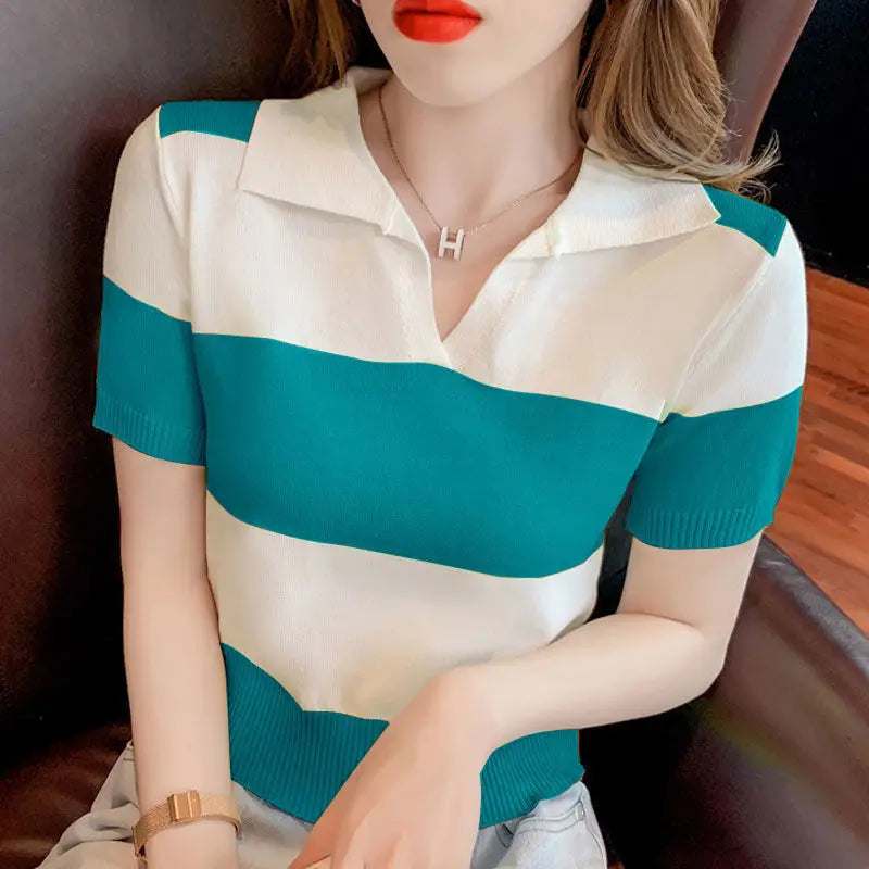 Female Polo Neck Tee Shirts Luxury Short Sleeve Fitted T Shirt High Quality Pullover Good Xxl Top Original Knitted Y2k Striped