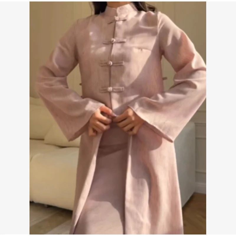 Chinese Style Frog Button Two Piece Set Long Flared Sleeve Ruched Waist Traditional Oriental Outline Sets Spring Picnic Outfit