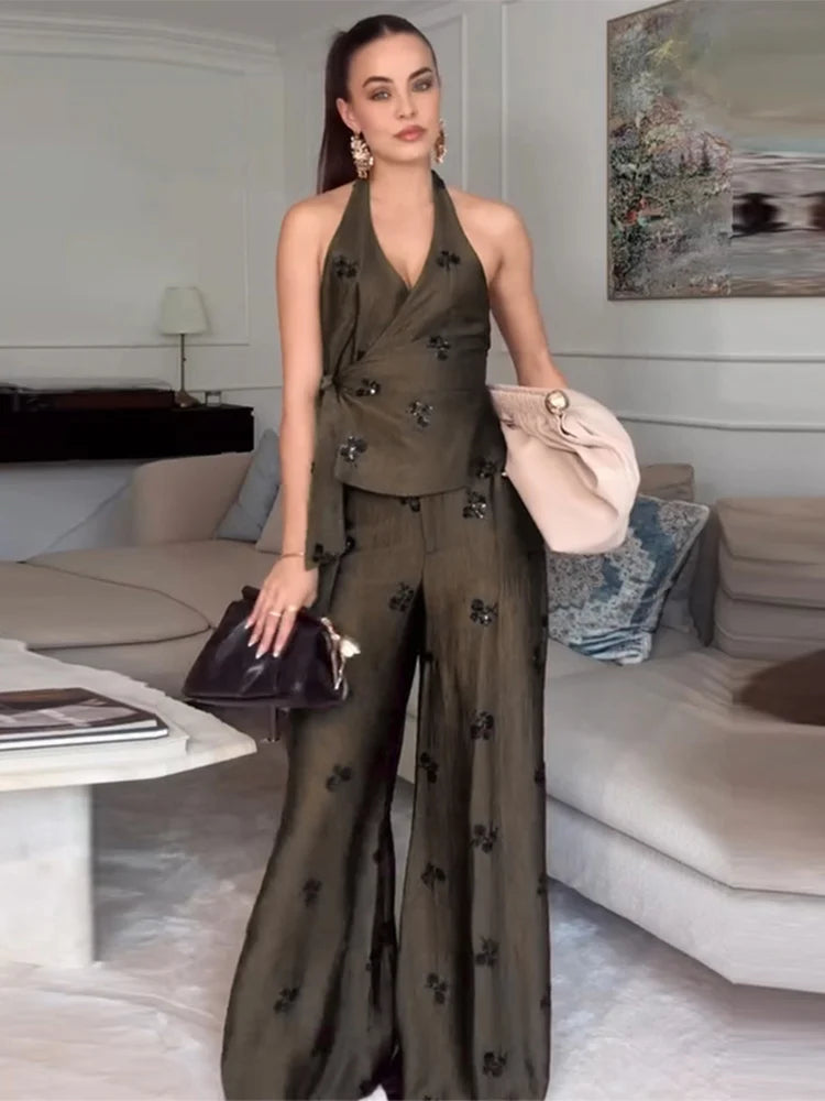 Sequin Two-Piece Set Women's Floral Set Halter Neck Wrap Top Wide-Leg Pants Trousers Party Co-Ord Vacation Wear Woman Clothes