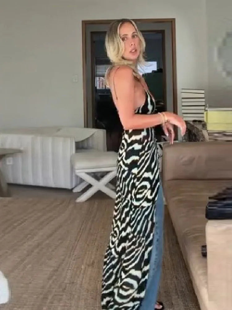 Casual Zebra Print Spaghetti Strap Maxi Top Versatile Long Leg Jeans Women Sheer Button Down Split Hem Daily Date Street Wear