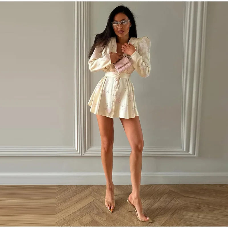 Print Women Dress Deep V Mini Dress Puff Sleeve High Waist Dress Two Piece Outfit With Waistband Elegant Slim Fit Outfit