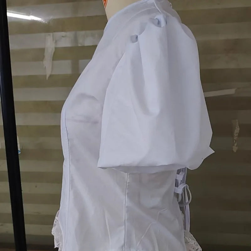 Women Round Neck Puff Sleeve Blouse Solid Lace Trim Asymmetrical Hem Slim Fit Shirt 2026 Spring Summer Chic Elegant Casual Top