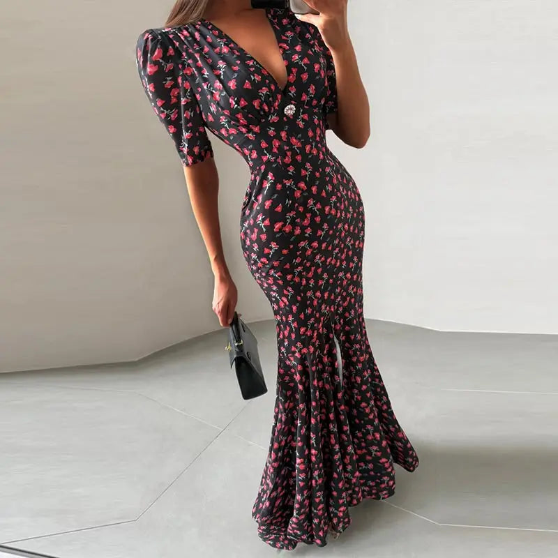 Print Chiffon Long Dress Women V Neck Half Sleeves High Waist Ruffles Belts Split Robe Female 2026 Summer Chic Vacation Dresses