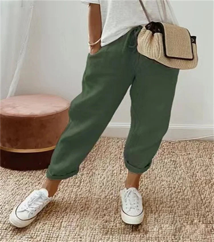 Women Blend Wide Leg Harem Pants Summer Fashion Elastic Waist Pocket Solid Ankle Trousers S-5XL Oversized LRFZ-911
