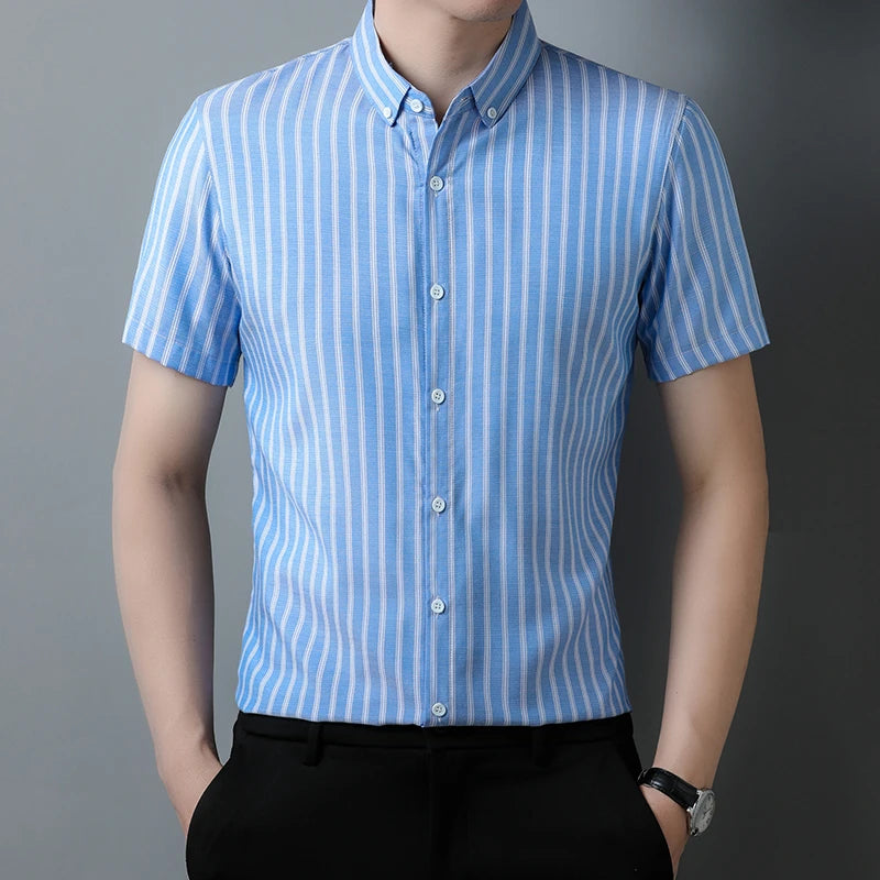 New Men's Casual Striped Short Sleeved Lapel Shirt for Summer Fashion Comfort No Ironing Wrinkle Resistant Top