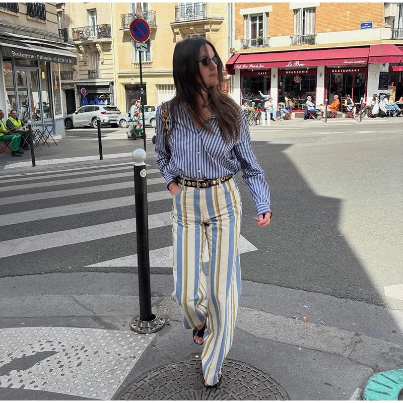 Street Striped Jeans Women's High-Waist Pockets Wide-Leg Trouser 2026 Spring Summer Retro Multicolor Vertical Stripe Denim Pant