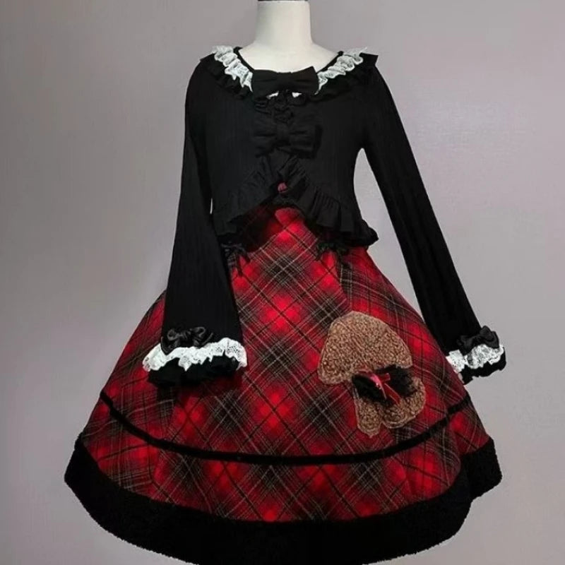 Japanese Women Knitted Sweet Bow Cardigan Sun Protection Lace Patchwork Lolita Crop Tops Y2k Aesthetic Flare Sleeve Grunge Coat
