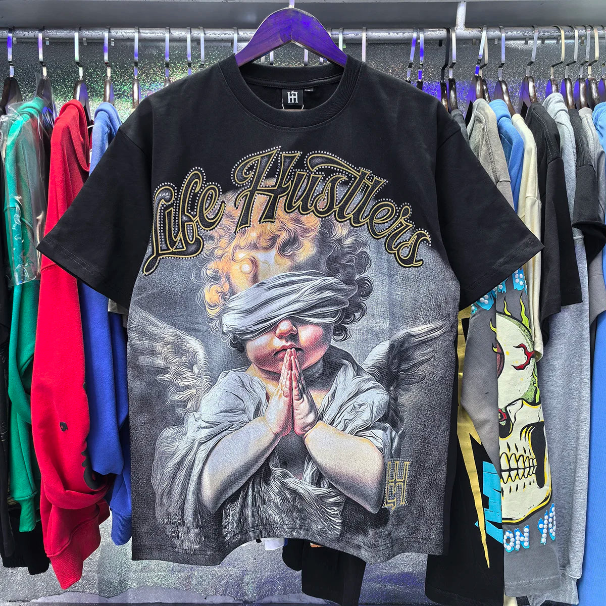 Blind Baby Shinning Diamond Short Sleeve Tshirts for Men and Women Rhinestone Crew Neck Cotton Summer Top Tees Oversized