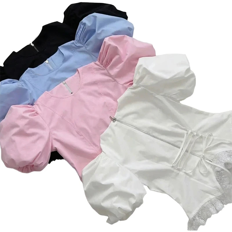Women Round Neck Puff Sleeve Blouse Solid Lace Trim Asymmetrical Hem Slim Fit Shirt 2026 Spring Summer Chic Elegant Casual Top