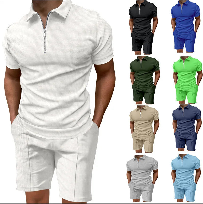 2024 Men's summer suits solid color waffle lapel slim-fit short sleevett-shirt casual fashion men's clothing free shipping