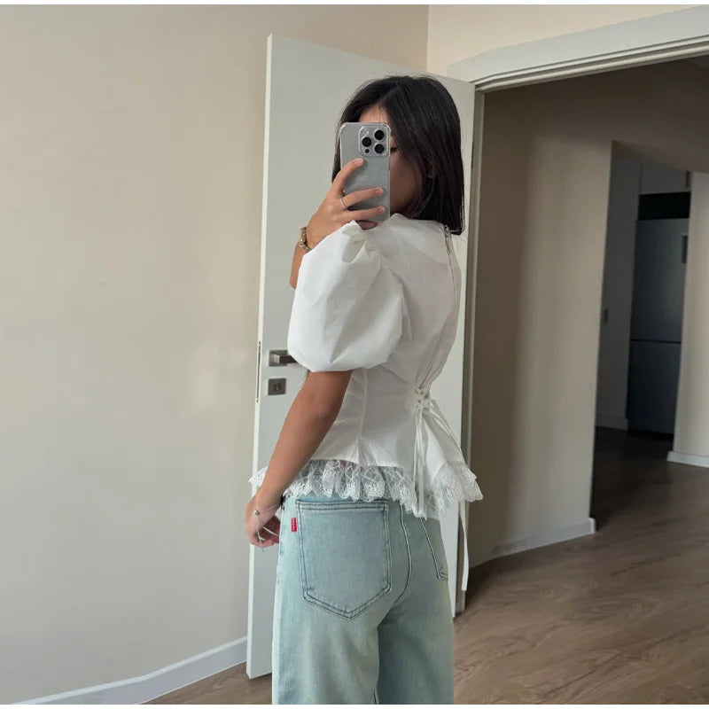 Women Round Neck Puff Sleeve Blouse Solid Lace Trim Asymmetrical Hem Slim Fit Shirt 2026 Spring Summer Chic Elegant Casual Top
