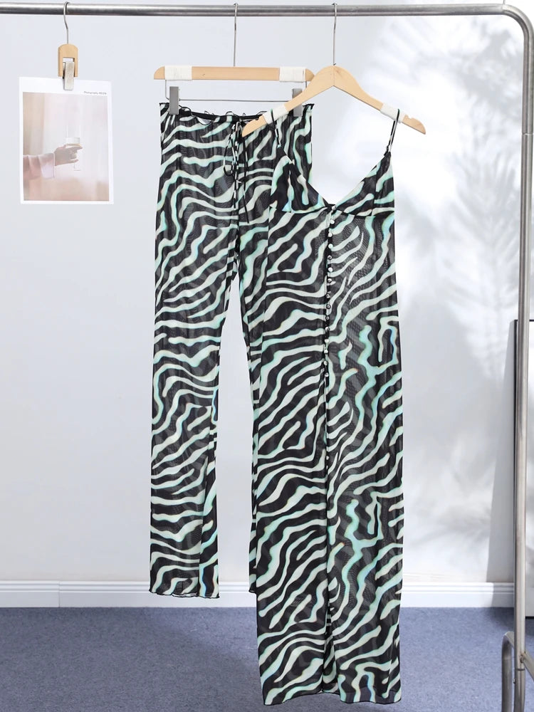 Women's Zebra Print Pants Set Casual V-neck Button Flowy Maxi Slip Top & Wide-leg Pants Lady 2026 Chic Beach Vacation Outfits