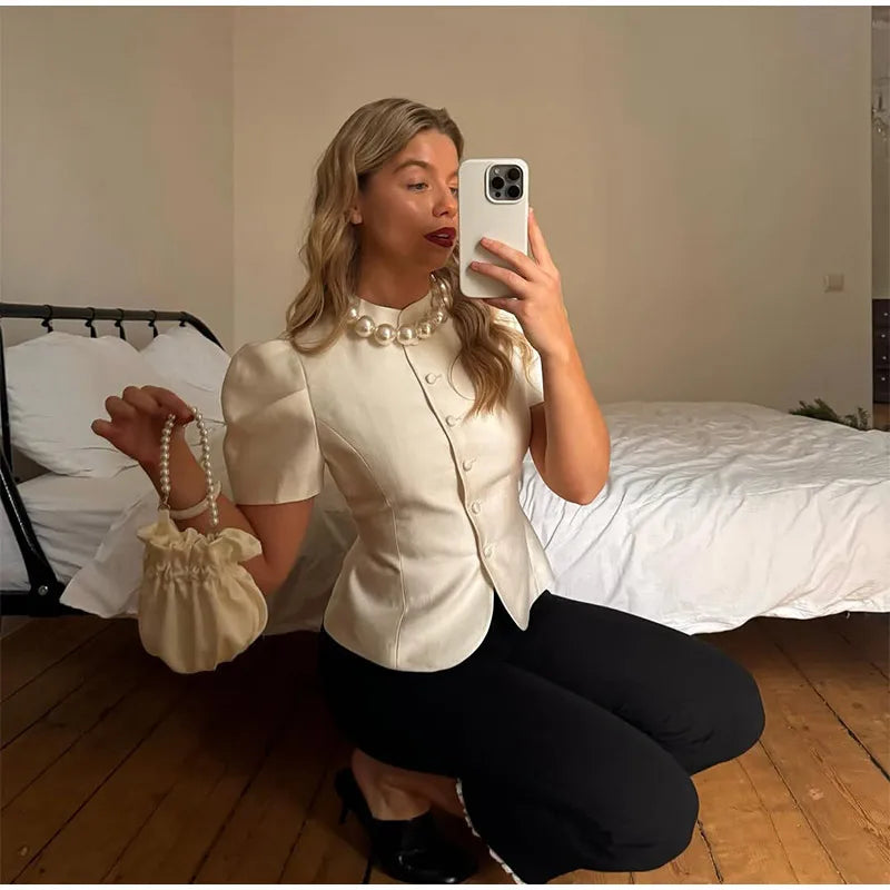 2026 Spring Summer Short Puff Sleeve Frog Button Shirt For Women Stand Collar  Single Breasted Blouse Lady Chic Street Party Top