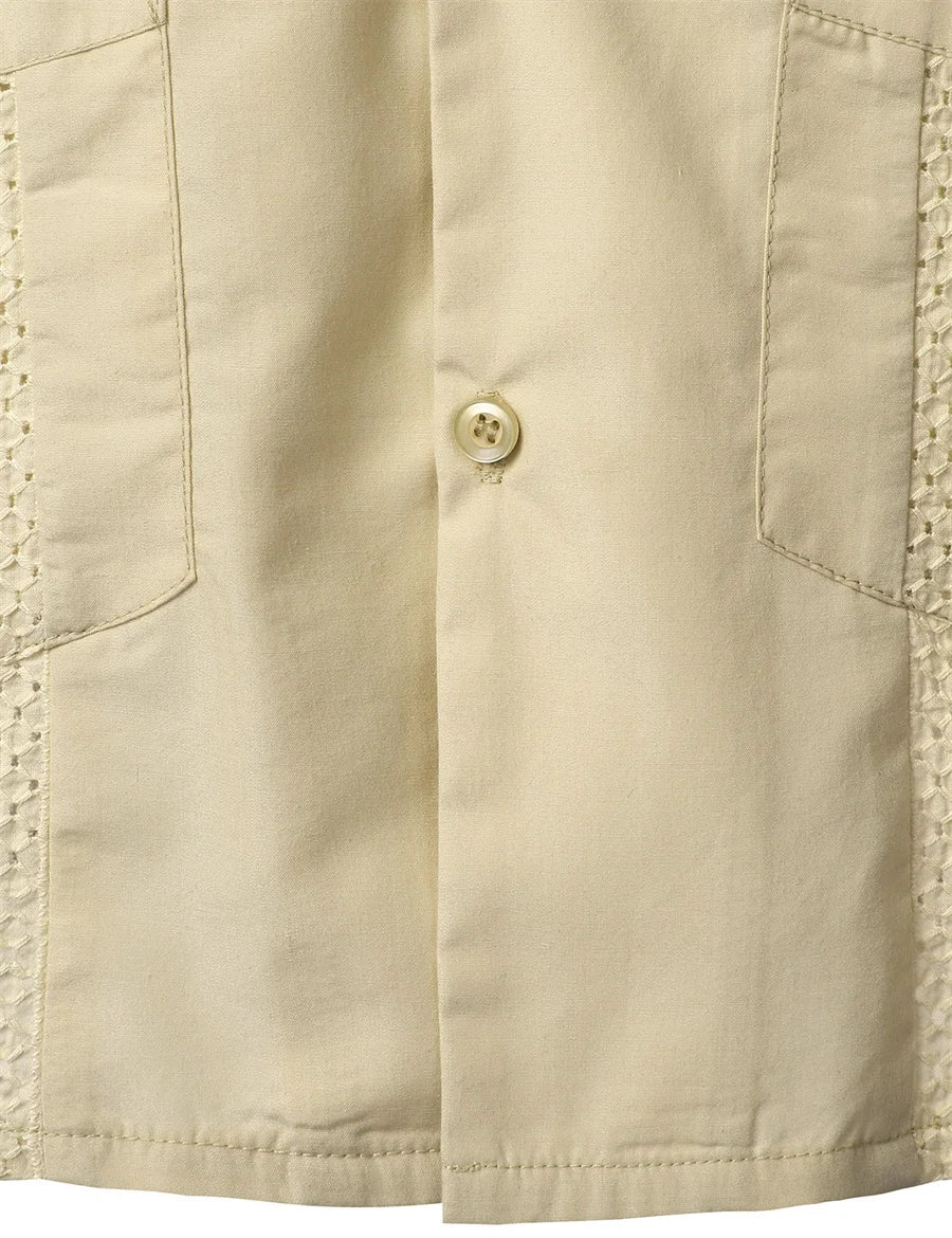 Mideast Men's Guayabera Shirts Four Pockets Embroidered Short Sleeve Shirts Summer Men Mexican Cuban Button Shirt