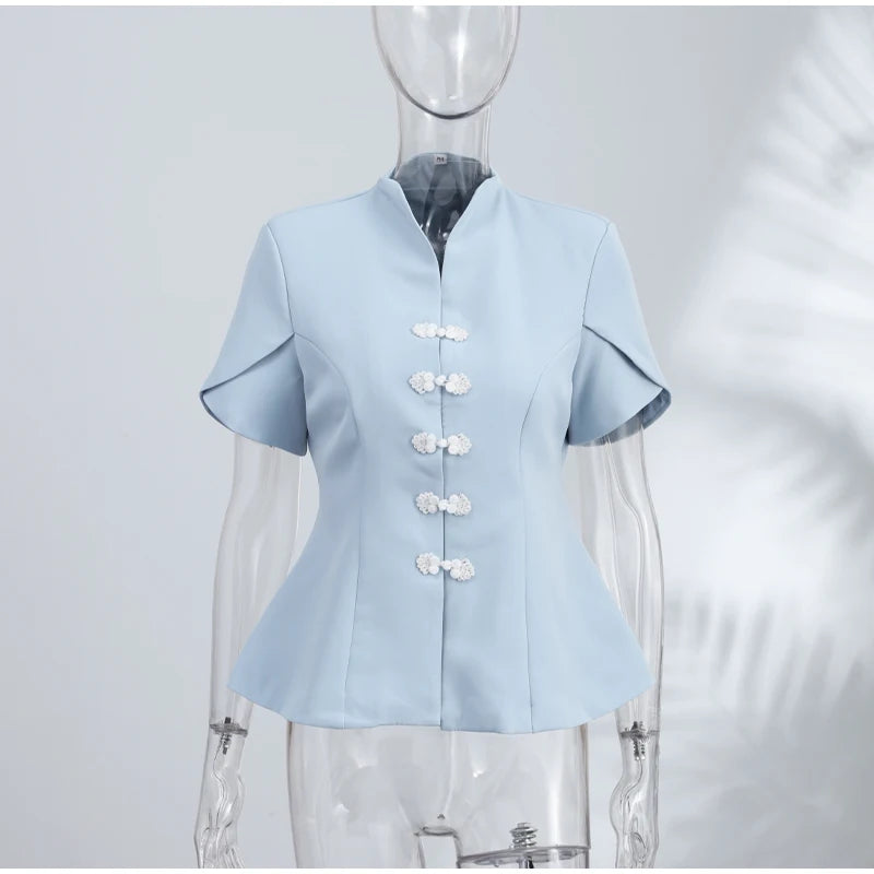2026 Spring Summer Short Puff Sleeve Frog Button Shirt For Women Stand Collar  Single Breasted Blouse Lady Chic Street Party Top
