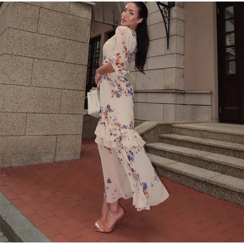 V Neck High Split Half Sleeve Slim Long Dress Print Waist Cinching Ruffle Hem Maxi Robes 2026 Women Party Vacation Vestidos