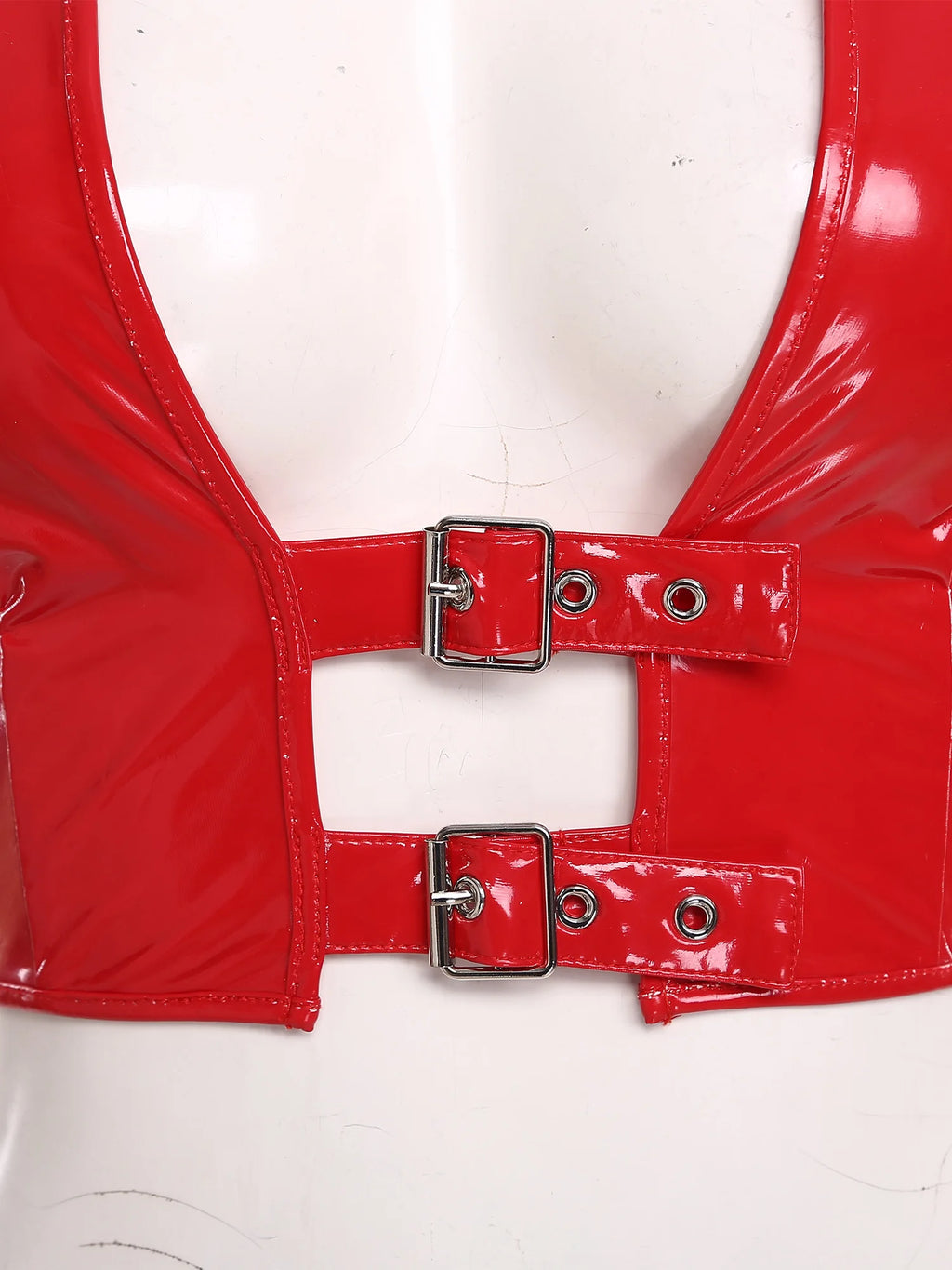 Womens Wet Look PU Leather Latex Crop Top Open Front with Adjustable Buckles Cap Sleeve Crop Corset Glossy Rave Disco Clubwear