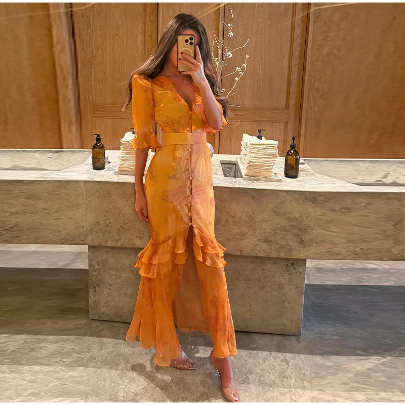 Elegant Floral Printed Woman Summer Dress V-neck Puff Sleeve Split Maxi Dresses For Women Fashion 2026 Women's Casual Gown New