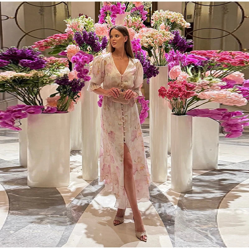 Print Chiffon Long Dress Women V Neck Half Sleeves High Waist Ruffles Belts Split Robe Female 2026 Summer Chic Vacation Dresses