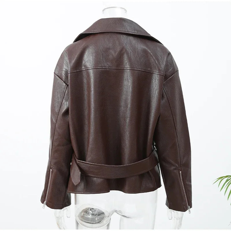 Women's Dark Red Zipper Leather Short Jackets Chic Long Sleeve Lace Up Lapel Loose Button Coat Lady Daily High Street Wear 2025