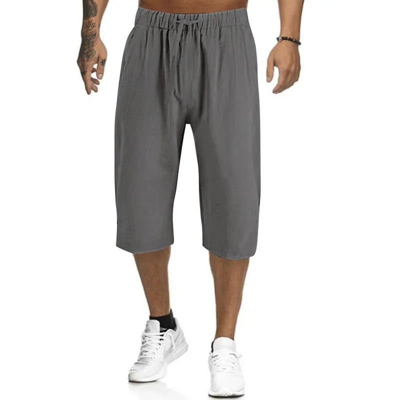 2024Summer Muscle Men's New Loose Solid Color Breathable Casual Sports Business High Street Fashionable Cropped Pants