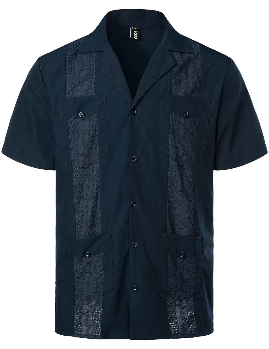 Mideast Men's Guayabera Shirts Four Pockets Embroidered Short Sleeve Shirts Summer Men Mexican Cuban Button Shirt