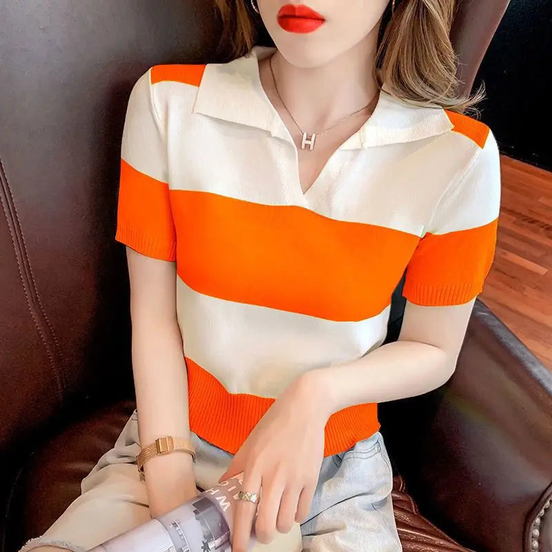 Female Polo Neck Tee Shirts Luxury Short Sleeve Fitted T Shirt High Quality Pullover Good Xxl Top Original Knitted Y2k Striped