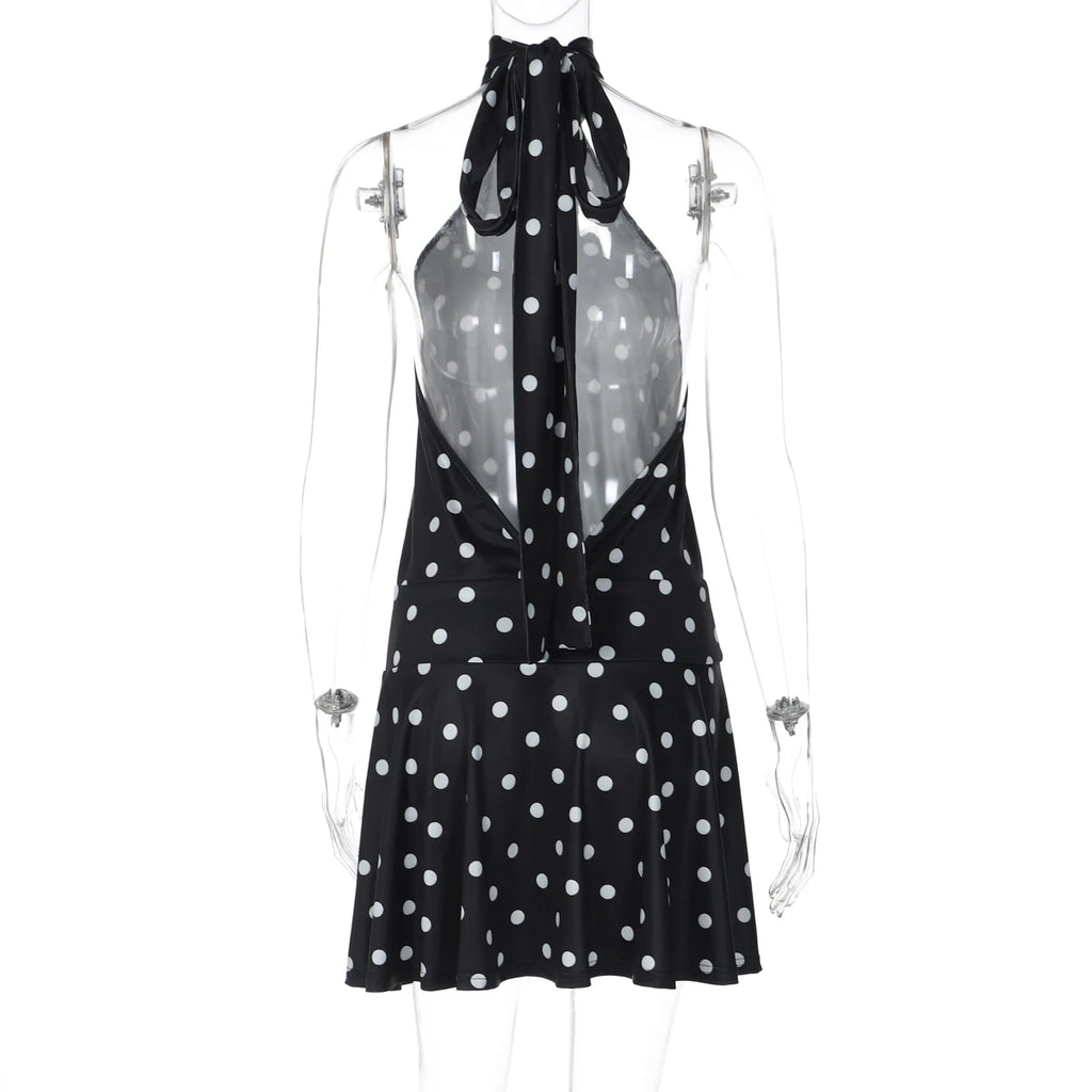 Hugcitar Polka Dot Print Halter Sleeveless Backless Bandage Sexy Slim Mini Dress Summer Women Fashion Outfit Party Vacation