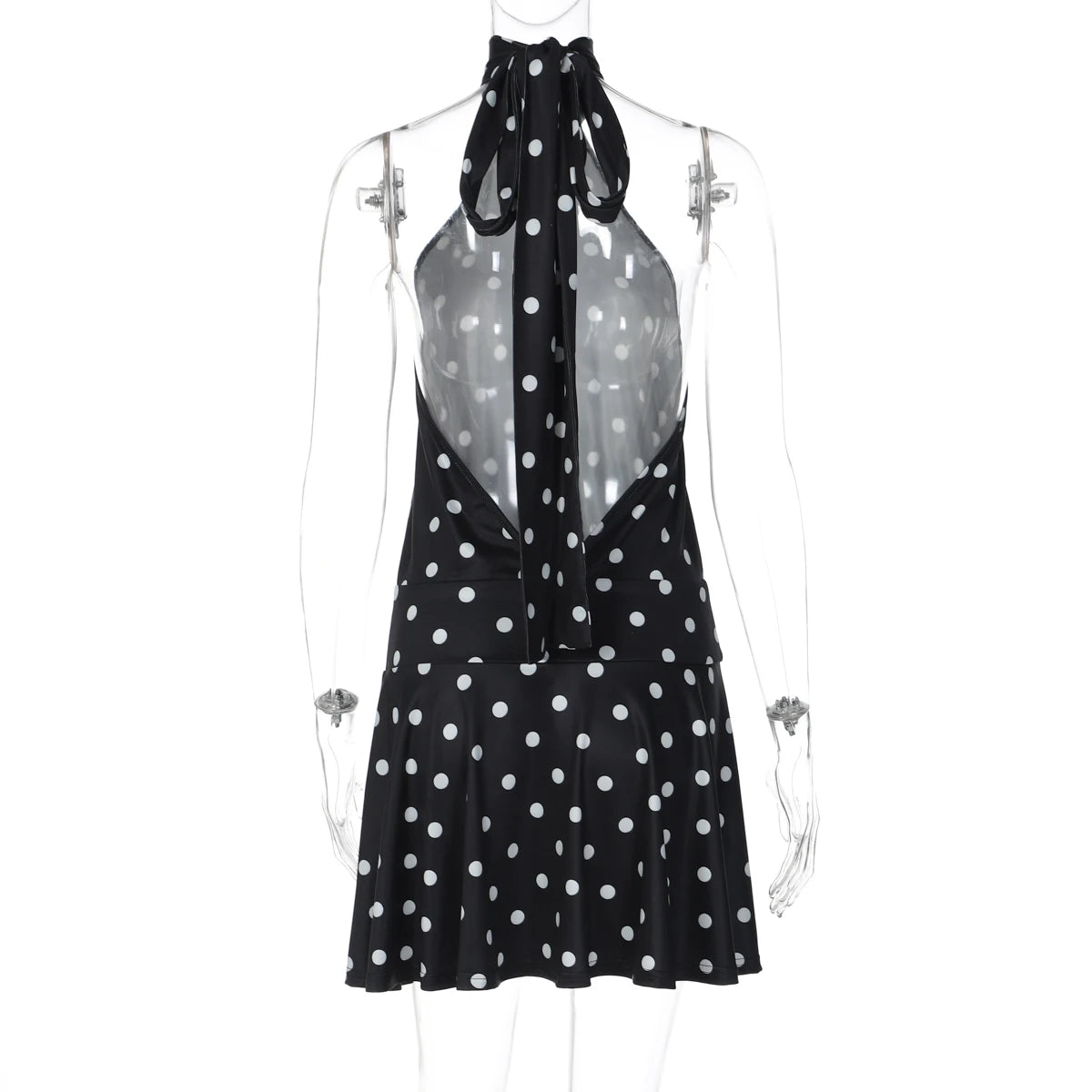Hugcitar Polka Dot Print Halter Sleeveless Backless Bandage Sexy Slim Mini Dress Summer Women Fashion Outfit Party Vacation