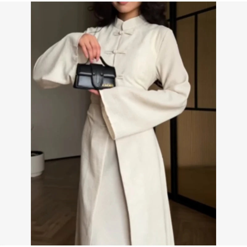 Chinese Style Frog Button Two Piece Set Long Flared Sleeve Ruched Waist Traditional Oriental Outline Sets Spring Picnic Outfit