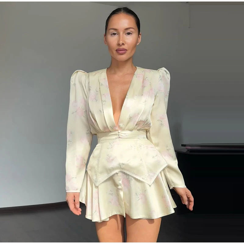 Print Women Dress Deep V Mini Dress Puff Sleeve High Waist Dress Two Piece Outfit With Waistband Elegant Slim Fit Outfit