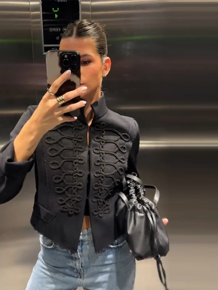 Retro Style Short Solid Jacket For Women Long Sleeve Standing Collar Black Mini Jackets 2026 Fashion Chic Daily Street Outerwear