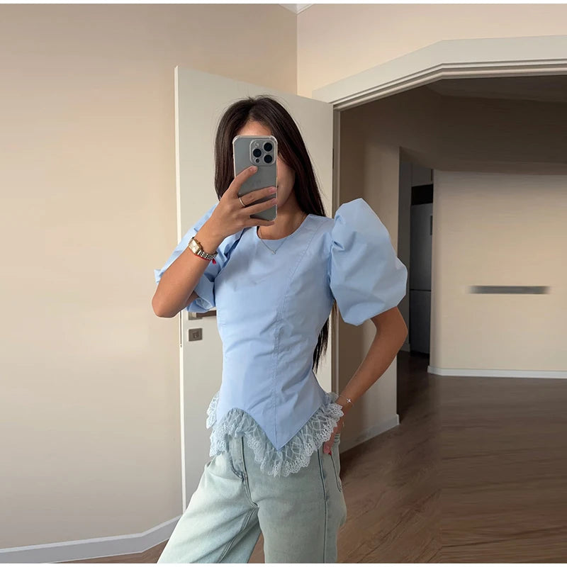 Women Round Neck Puff Sleeve Blouse Solid Lace Trim Asymmetrical Hem Slim Fit Shirt 2026 Spring Summer Chic Elegant Casual Top