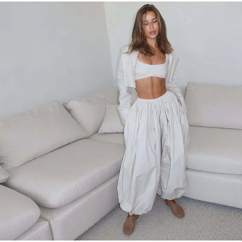 Casual Drop Waist Lantern Pant 3 Pieces Suit Women Stripe Long Sleeves Lapel Loose Shirt Sets 2026 Lady Daily Street Wears New
