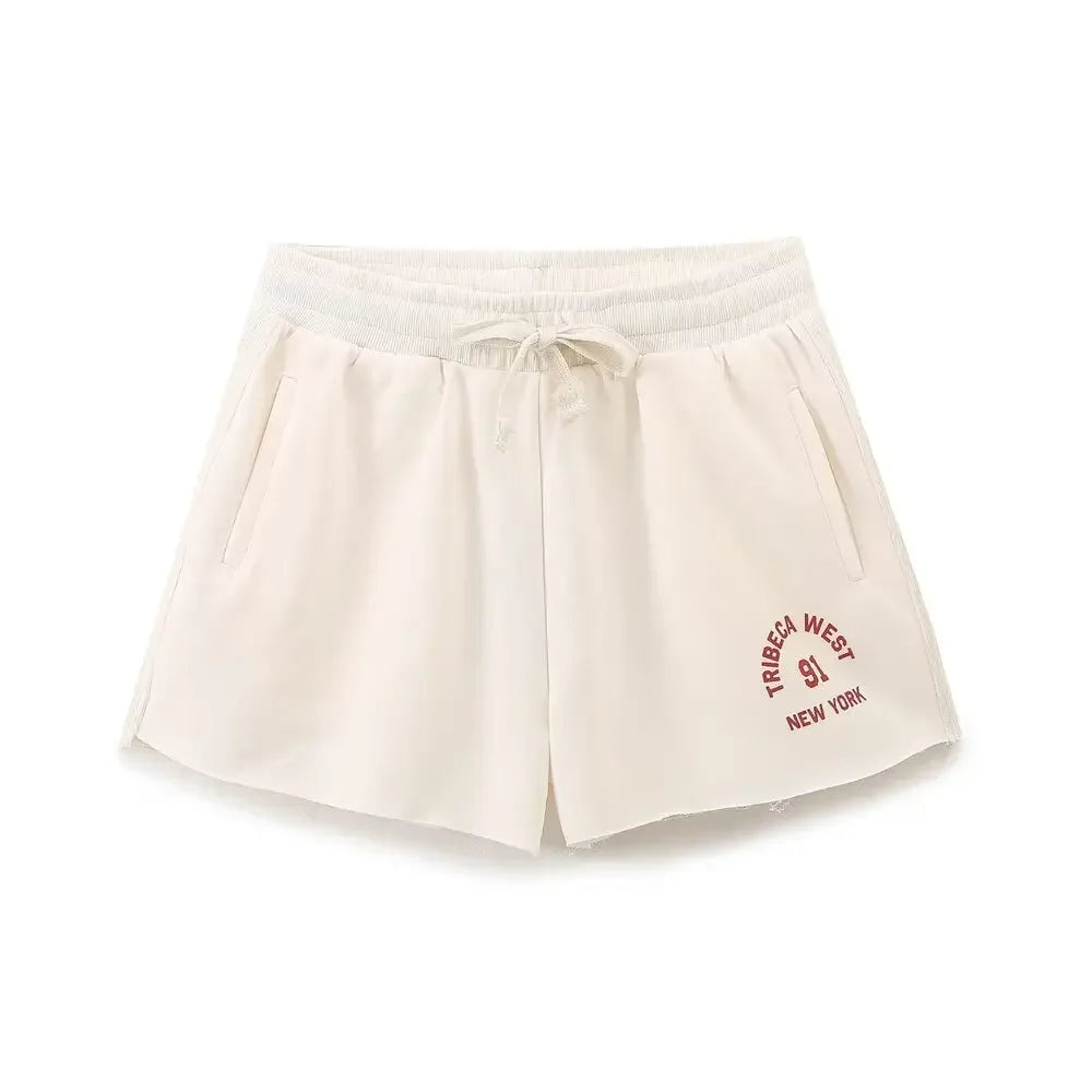 Plush Ensemble Femme 2 Piece COTTON Short Sets for Women Two Colors Text Print O-neck Sweatshirts + Mid Elastic Waistband Shorts