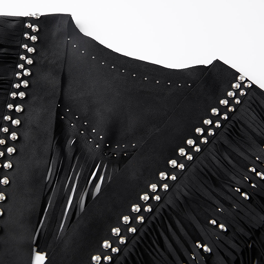 Women Studded Suede Collar Shawl Scarf Wrap Western Fringe Vest Boho Hippie Cowgirl Outfits