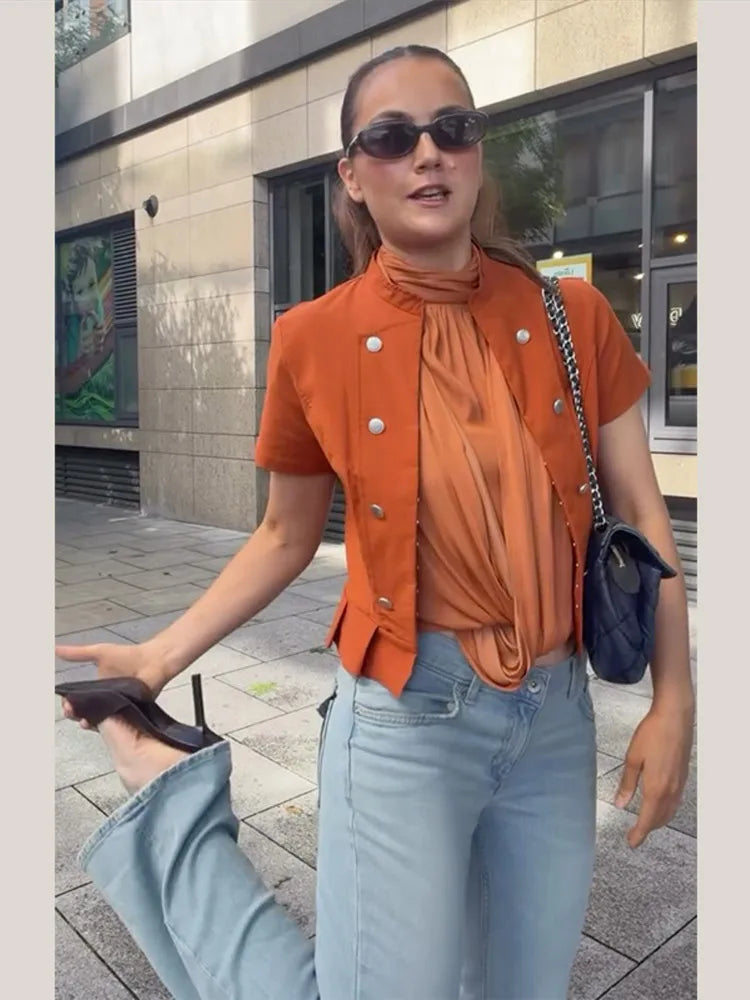 Short Sleeve Waist Cinching Ruffles Tops Women Elegant Stand Collar Single Breasted Pleaded Slim Thin Coats Chic Office Lady Top