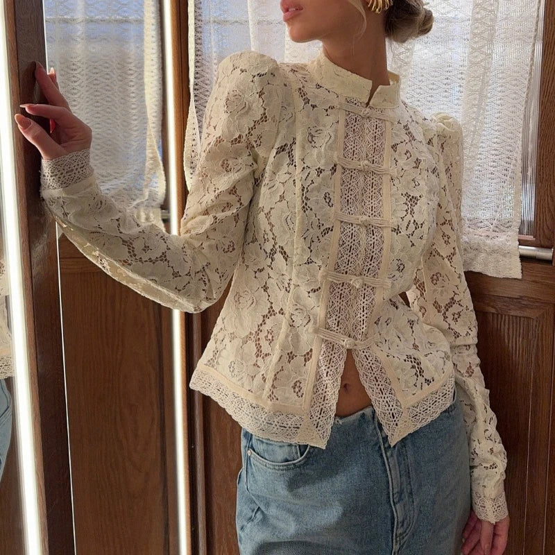 2026 Summer Lace Printed Shirts Tops Female Hollow Out Fashion Commute Vintage See-Through Blouse Women's Lace Shrug Shirts New