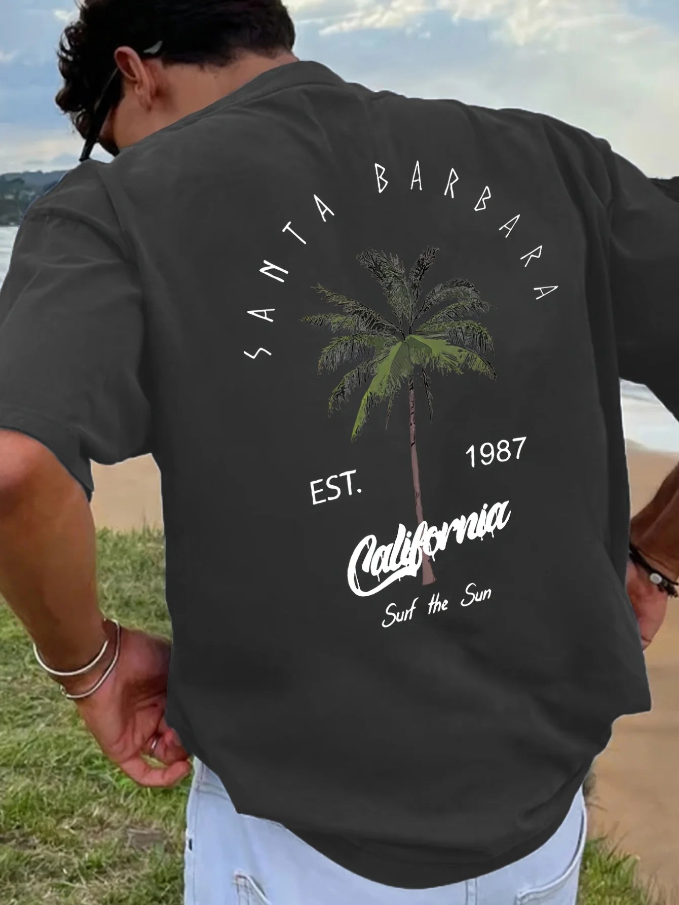 New Men's Vacation Coconut Tree Letter Printed Comfortable Breathable Round Neck T-shirt Summer Outdoor Casual Top