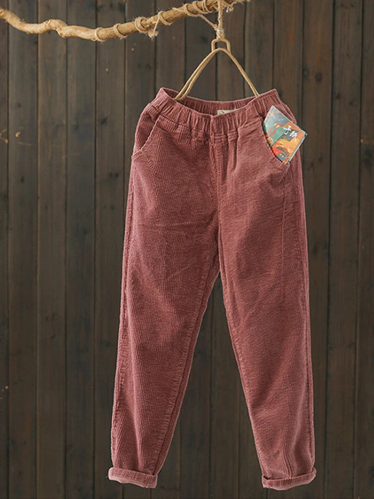 Johnature Corduroy Pants For Women Elastic Waist Solid Color Trouser 2025 Spring New  Women Cloths Pockets Casual Pants