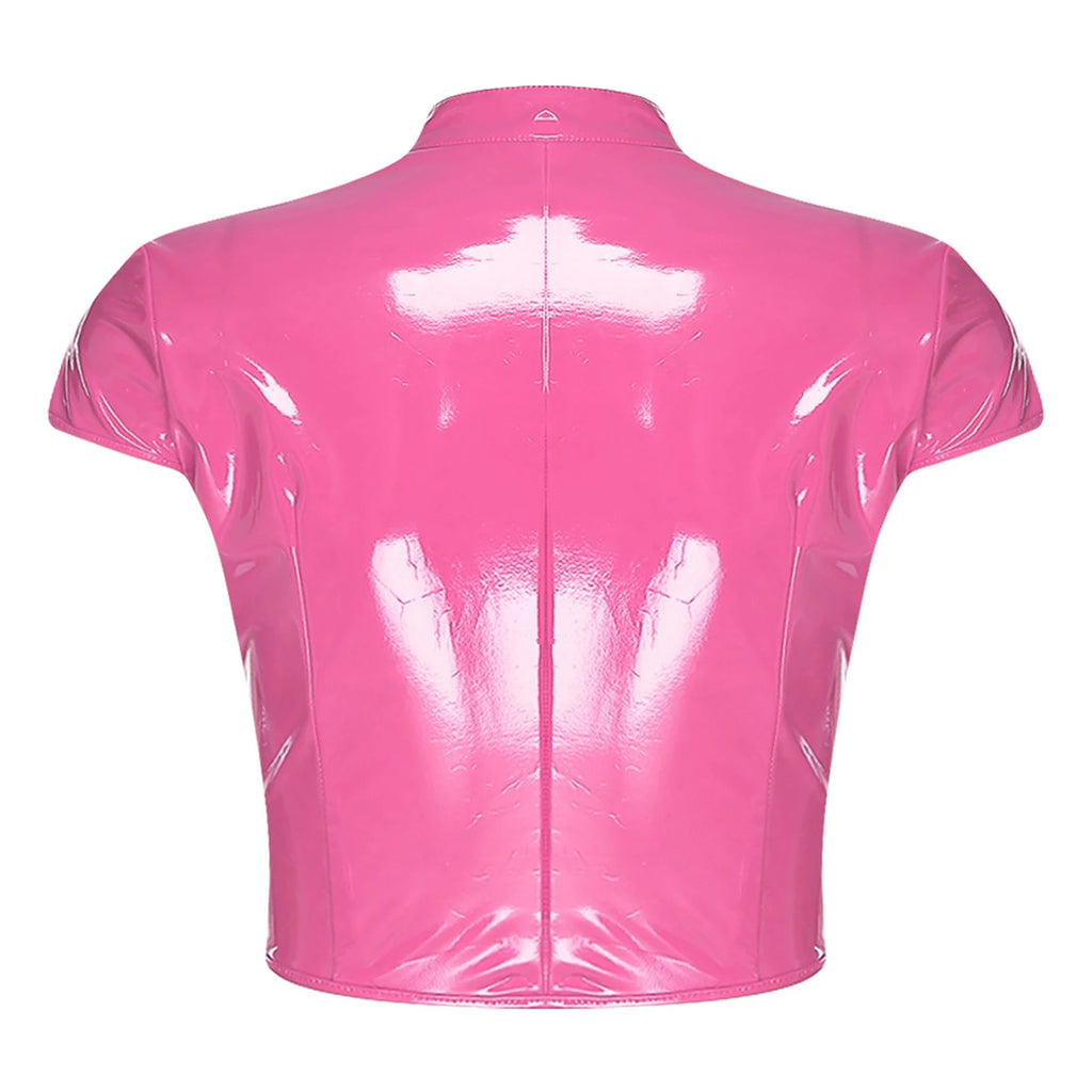 Womens Wet Look PU Leather Latex Crop Top Open Front with Adjustable Buckles Cap Sleeve Crop Corset Glossy Rave Disco Clubwear