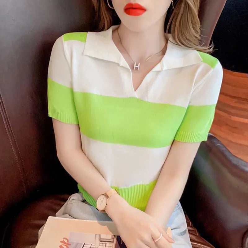 Female Polo Neck Tee Shirts Luxury Short Sleeve Fitted T Shirt High Quality Pullover Good Xxl Top Original Knitted Y2k Striped