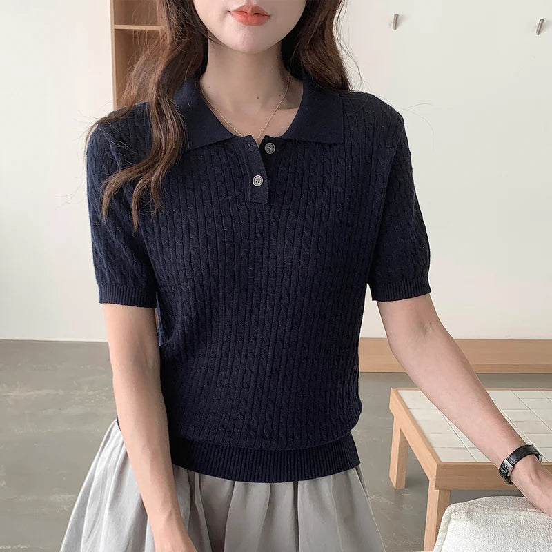 WinvyNee Women Cotton T-shirt Summer Short Sleeve Blue Solid Slim Fit Y2k Polo Collar Casual Pullovers Clothing Basic ZA1523009