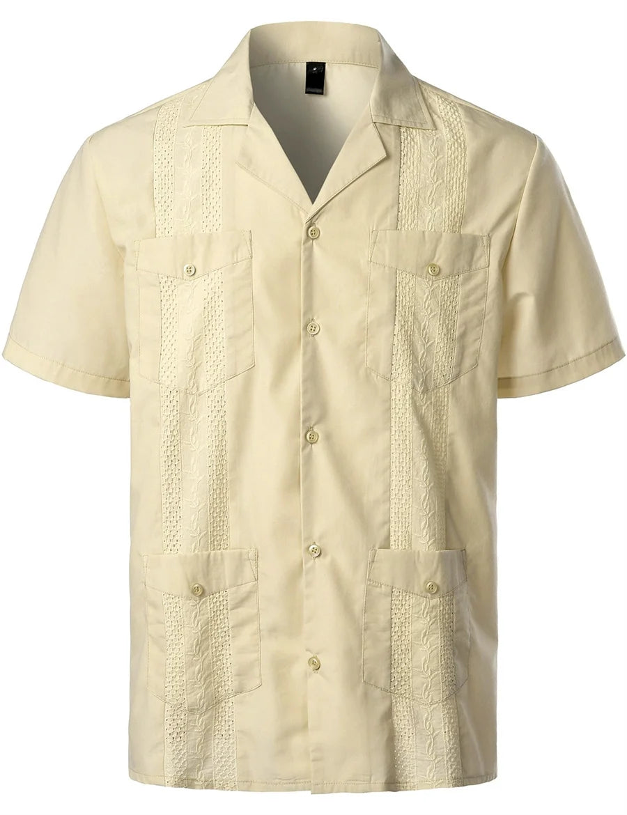 Mideast Men's Guayabera Shirts Four Pockets Embroidered Short Sleeve Shirts Summer Men Mexican Cuban Button Shirt
