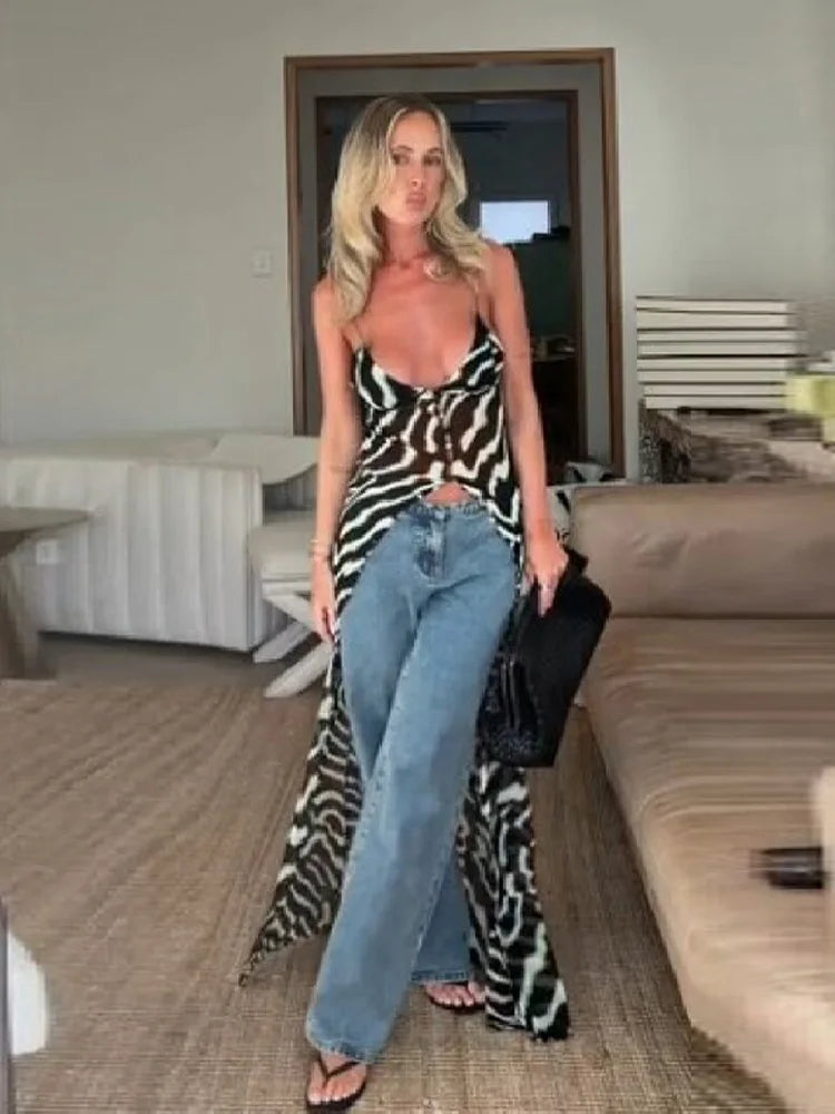 Casual Zebra Print Spaghetti Strap Maxi Top Versatile Long Leg Jeans Women Sheer Button Down Split Hem Daily Date Street Wear