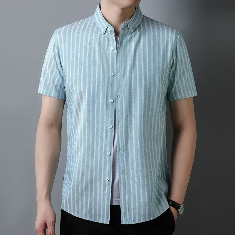 New Men's Casual Striped Short Sleeved Lapel Shirt for Summer Fashion Comfort No Ironing Wrinkle Resistant Top